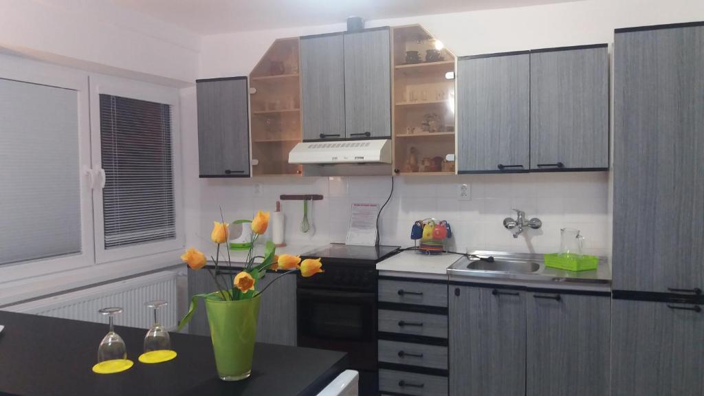 a kitchen with a vase of flowers on a counter at Ubytovanie na Spiši in Spišské Vlachy