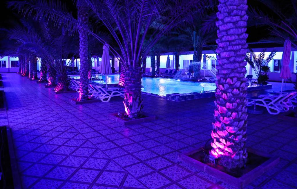 a row of palm trees with purple lights next to a pool at Fujairah Hotel & Resort in Fujairah