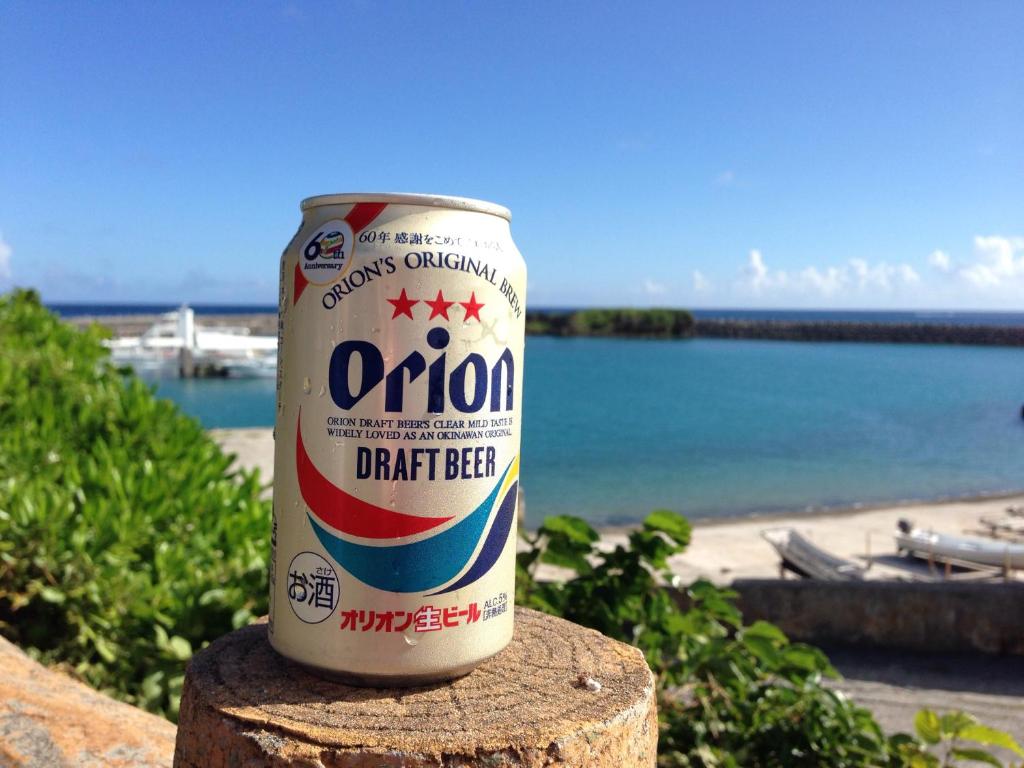 a can of ontario dark beer sitting on top of a rock at Little Asia Guest House in Naha