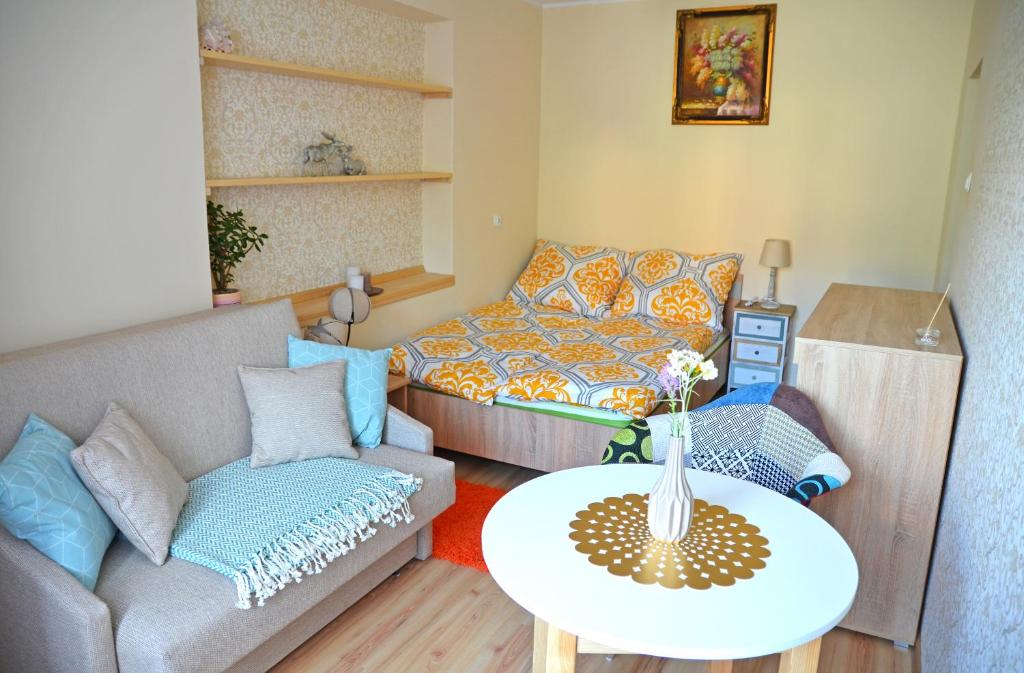Apartament KARINA في تيلسز: غرفة معيشة مع أريكة وطاولة