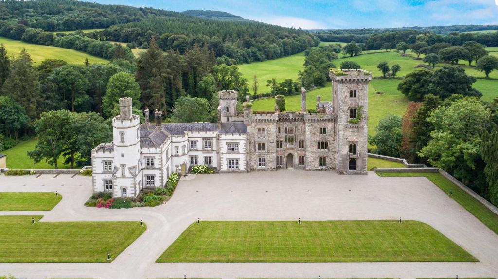 una vista aérea de un antiguo castillo en un campo en Wilton Castle en Enniscorthy