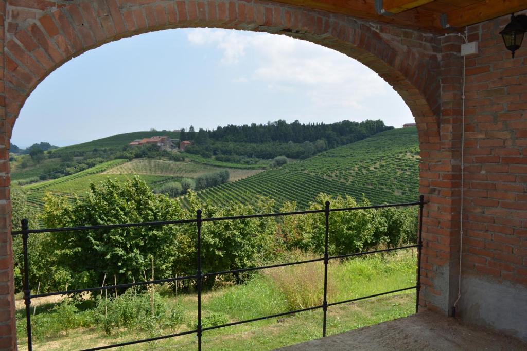 CassineにあるCascina Valtignosa Camere Con Vignaのブドウ畑の景色を望むレンガ造りの壁
