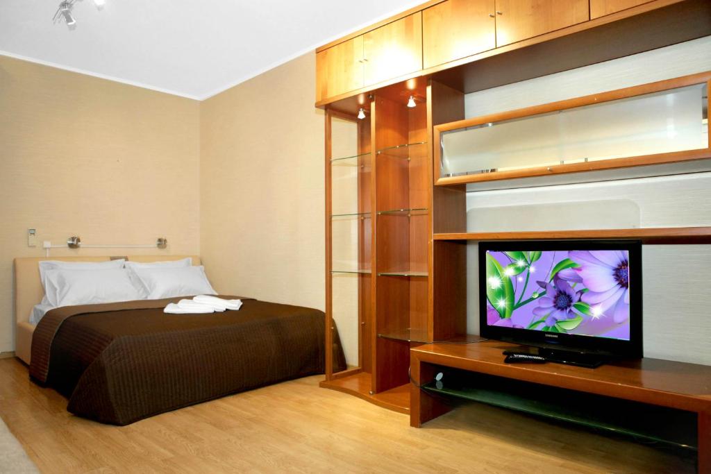 a bedroom with a bed and a flat screen tv at Apartment on Krylatskoe in Moscow