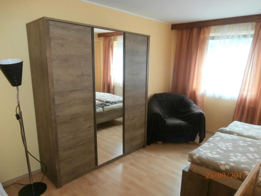 a large mirror in a room with a chair at Apartman Aya in Janov nad Nisou