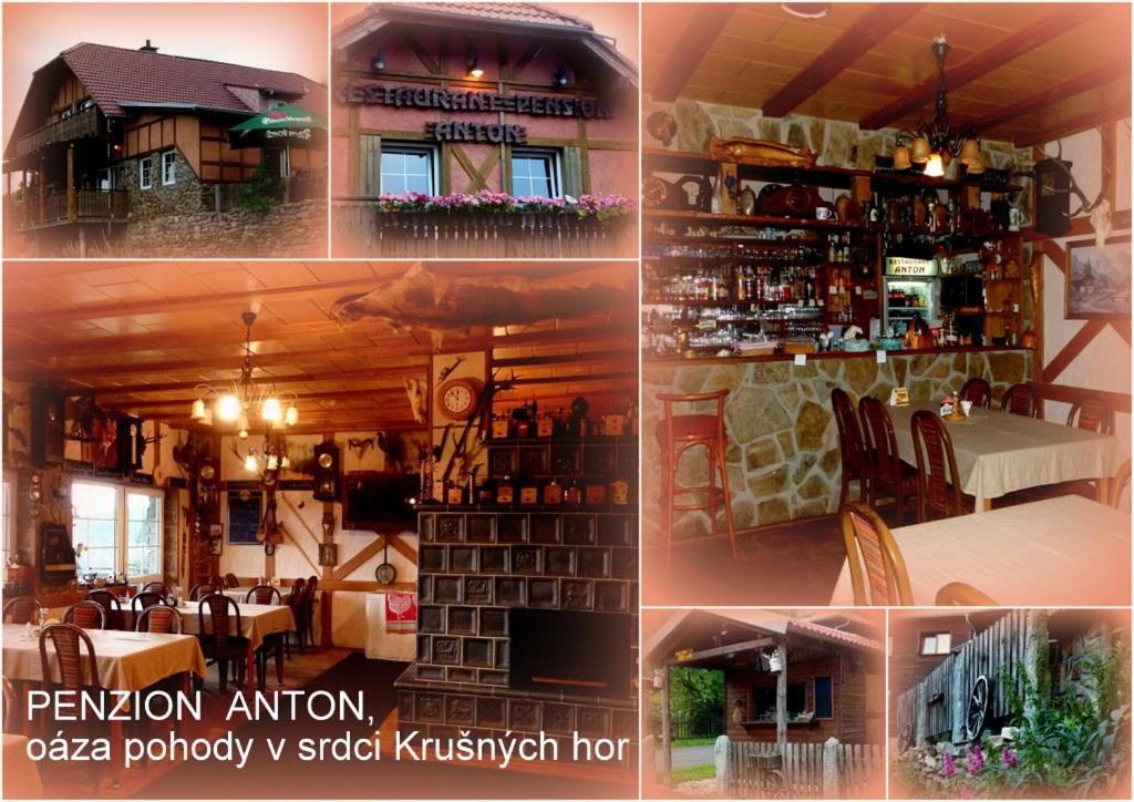 a collage of photos of a restaurant and a bar at Restaurant Pension-Anton in Jáchymov