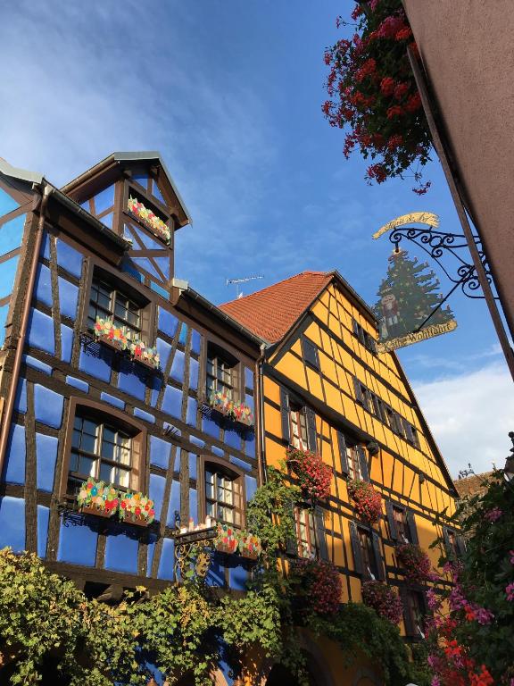 un bâtiment avec des fleurs devant lui dans l'établissement Apartment Cali Elina, à Riquewihr