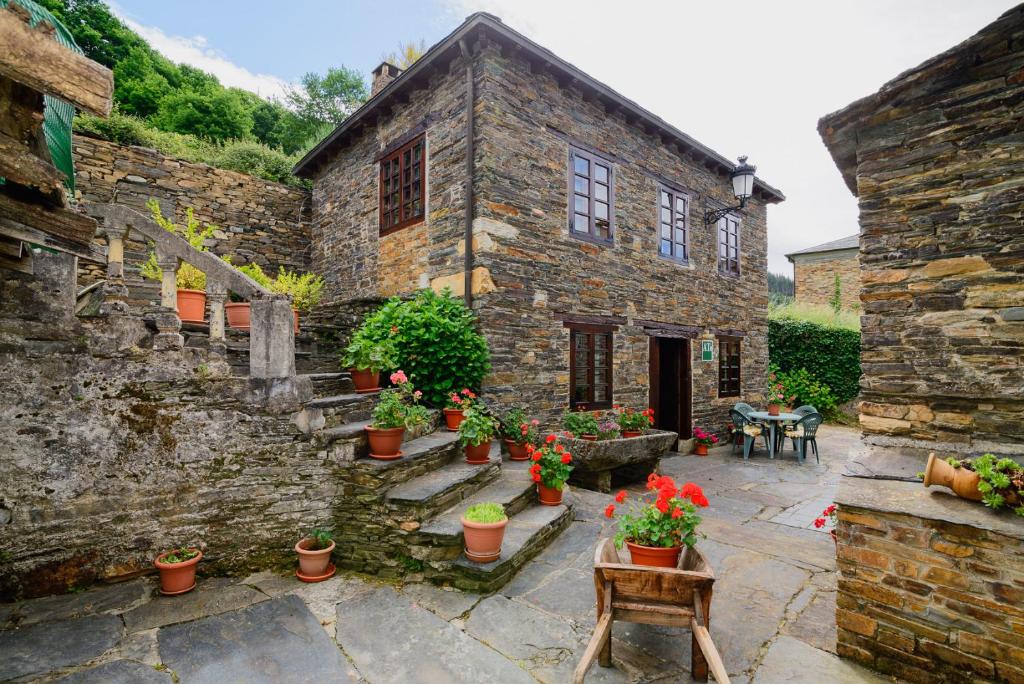 un antico edificio in pietra con piante in vaso in un cortile di A Casoa II a Santa Eulalia de Oscos