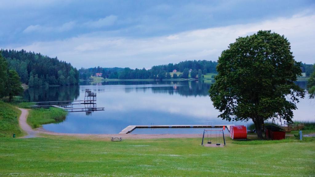 vistas a un lago con un árbol y un parque infantil en Malmköpings Bad & Camping, en Malmköping