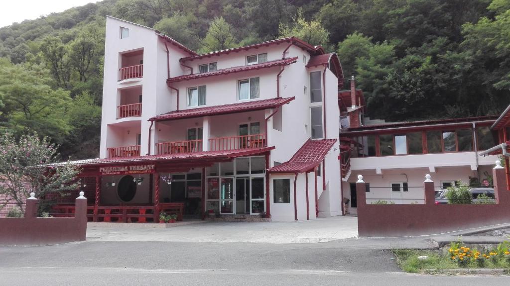 un grande edificio bianco con molte finestre di Pensiunea Versant a Băile Herculane