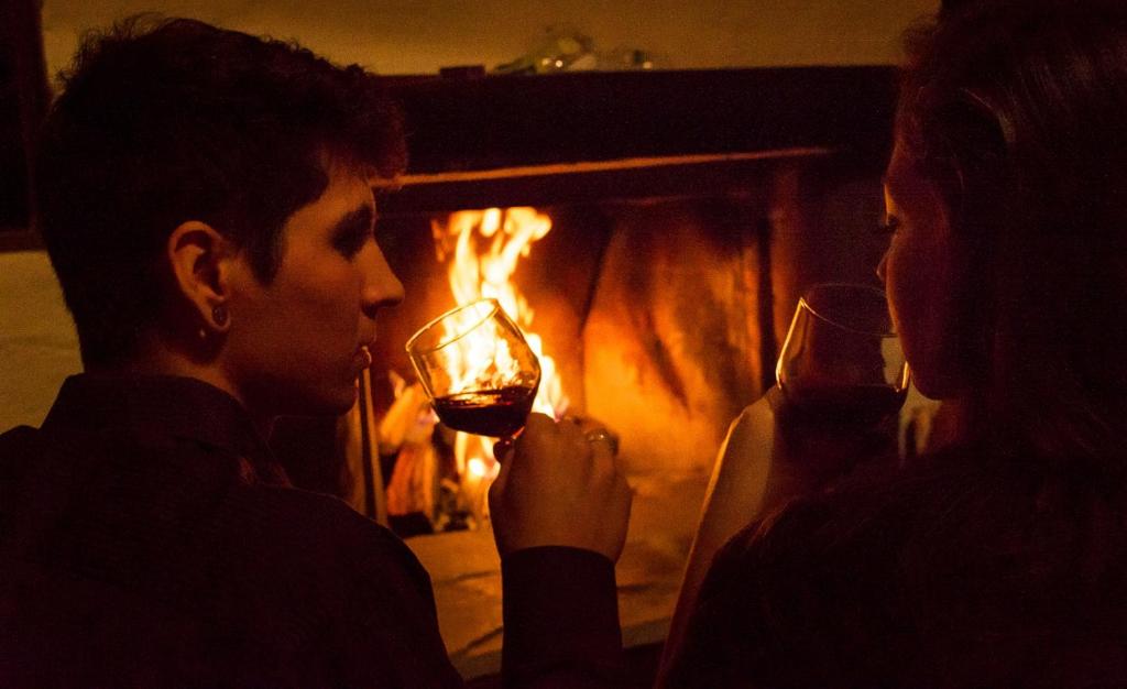 a man and a woman drinking wine in front of a fireplace at Pousada Vila Santa Barbara in São Francisco Xavier