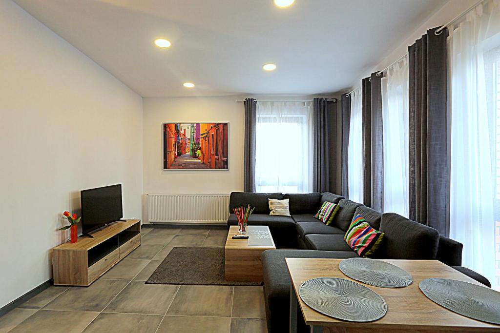 uma sala de estar com um sofá preto e uma televisão em Intermo em Swietochlowice