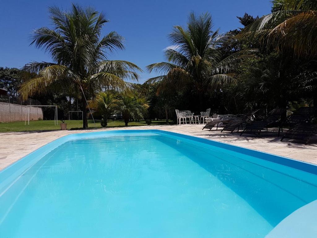 a blue swimming pool with palm trees in the background at Chacara Recanto dos Passaros 01 in Olímpia