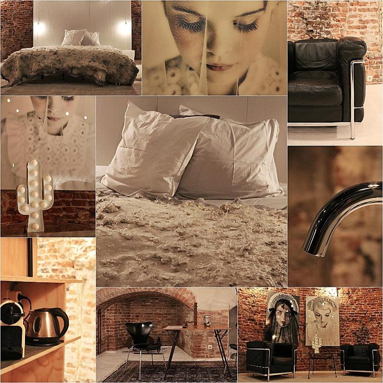 een collage van foto's met een bed en een wastafel bij De Pelsertoren in Zwolle