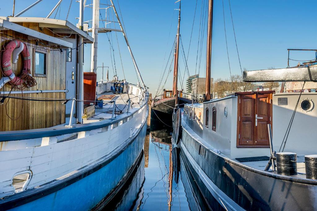 due barche sono ormeggiate l'una accanto all'altra nell'acqua di Asile Flottant ad Amsterdam