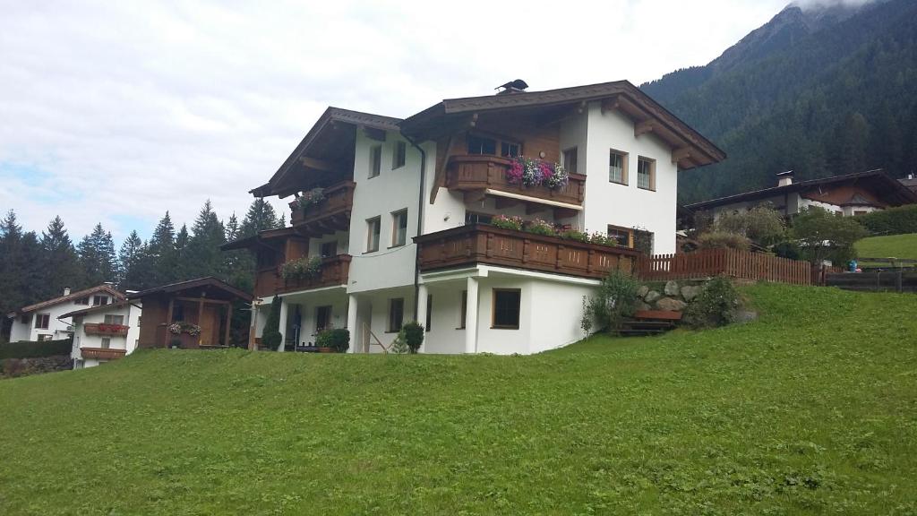 dom na szczycie wzgórza z zieloną trawą w obiekcie Apartment Voellenklee w Neustift im Stubaital