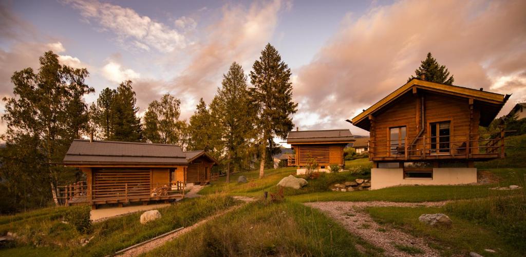 uma cabana na floresta com um caminho que o conduz em Les Mazots de la Source & Spa em Vercorin