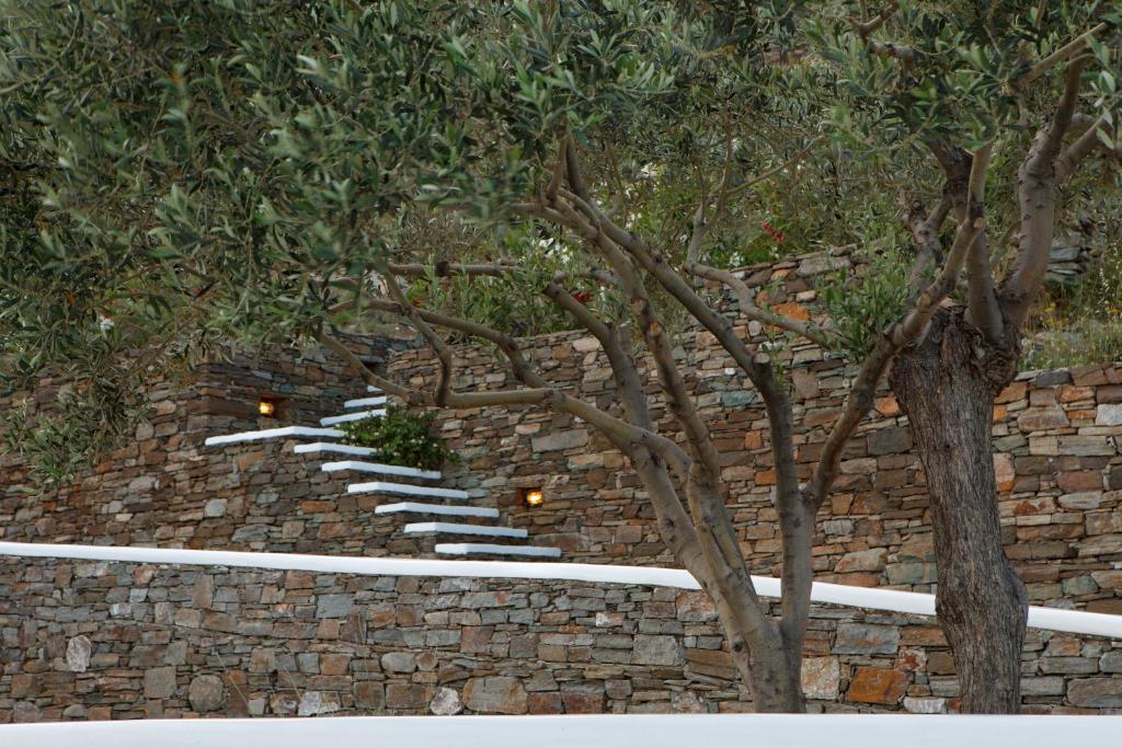 a stone wall with a stone stairs behind a tree at Selana Suites in Chrisopigi