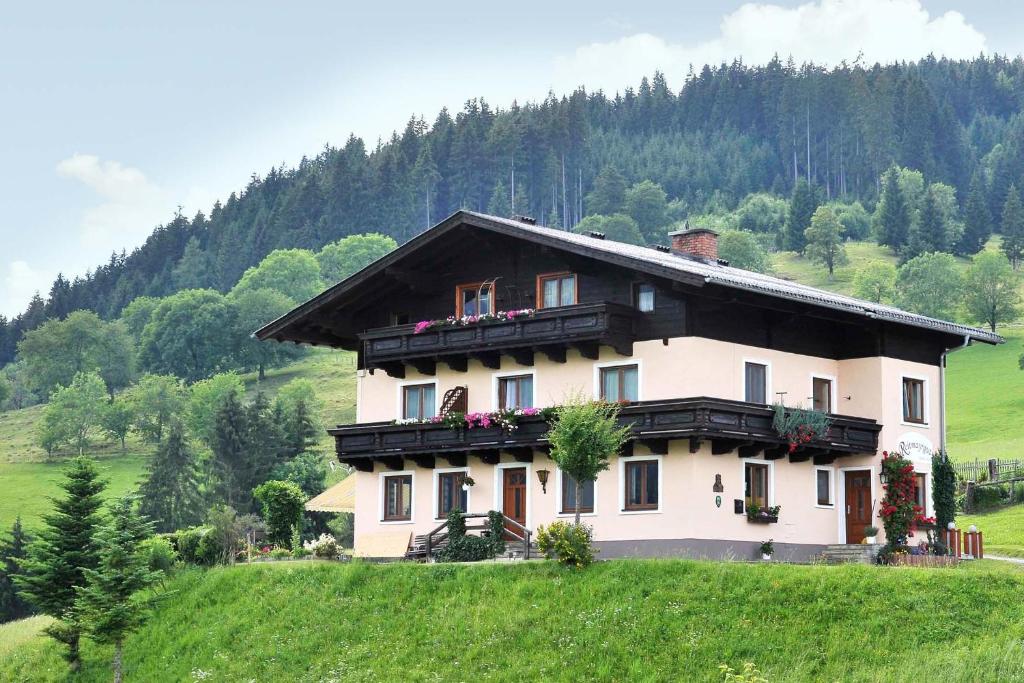 ein Haus auf einem Hügel auf einem grünen Feld in der Unterkunft Bio-Bauernhof Reitmayrgut in Goldegg