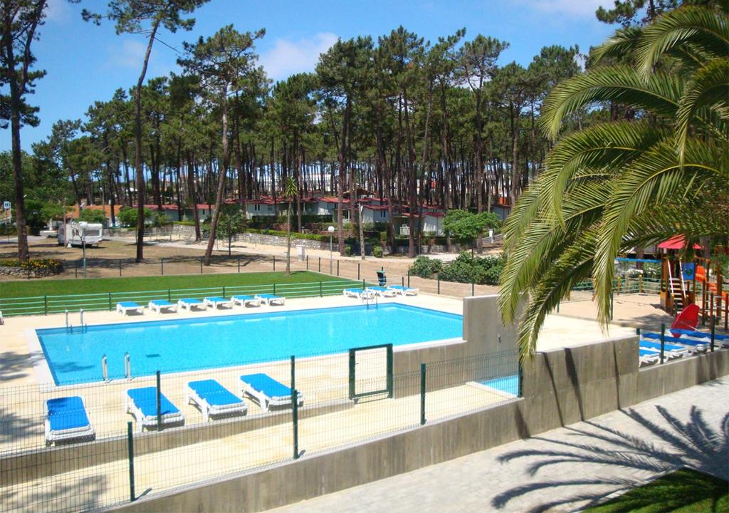 a swimming pool with lounge chairs in a park at Parque de Campismo Orbitur Valado in Nazaré