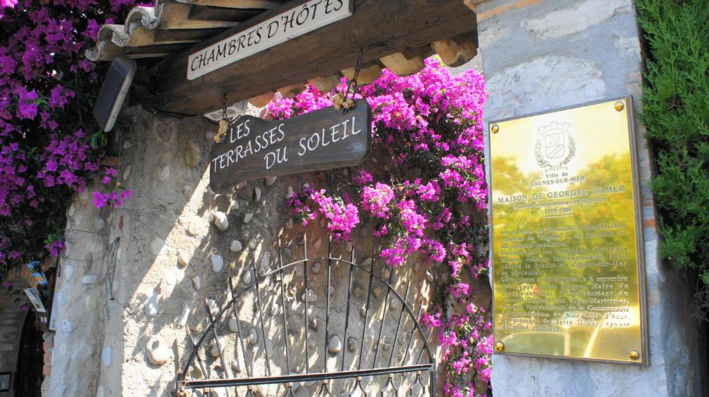 Chambres d'hôtes Les Terrasses du Soleil في كاجنيس سور مير: حفنة من الزهور الأرجوانية معلقة على بوابة