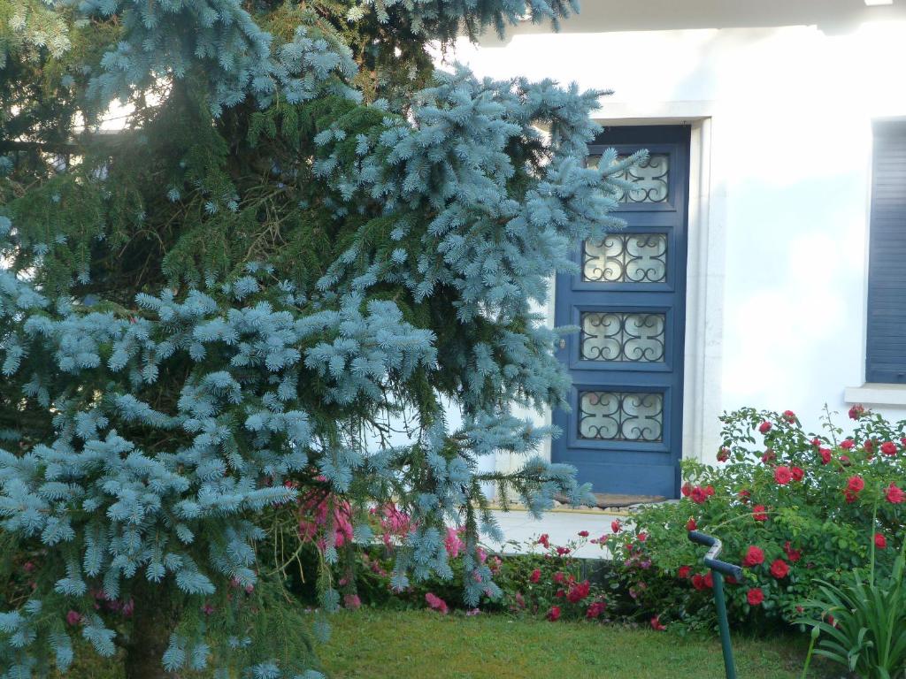 Maison MARYSA في ميرينياك: الباب الأزرق والزهور أمام المنزل
