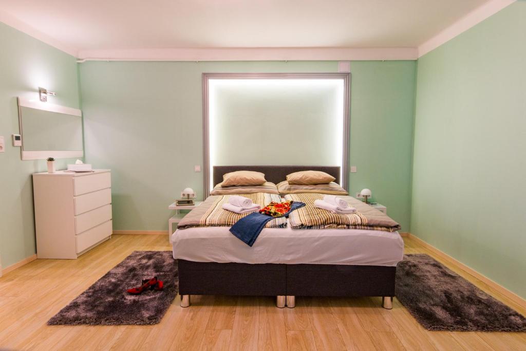 ブダペストにあるTitaru Houseのベッドルーム1室(ベッド1台、大きな窓付)