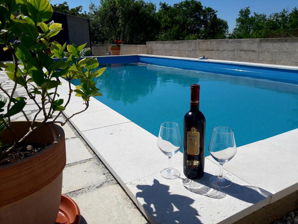a bottle of wine and two wine glasses next to a swimming pool at Apartments Angela in Žbandaj