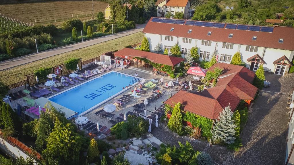 uma vista superior de uma casa com piscina em Silver Hotel em Oradea