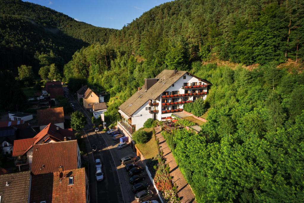 an aerial view of a small village in the mountains at Hotel Die Kleine Blume in Erfweiler