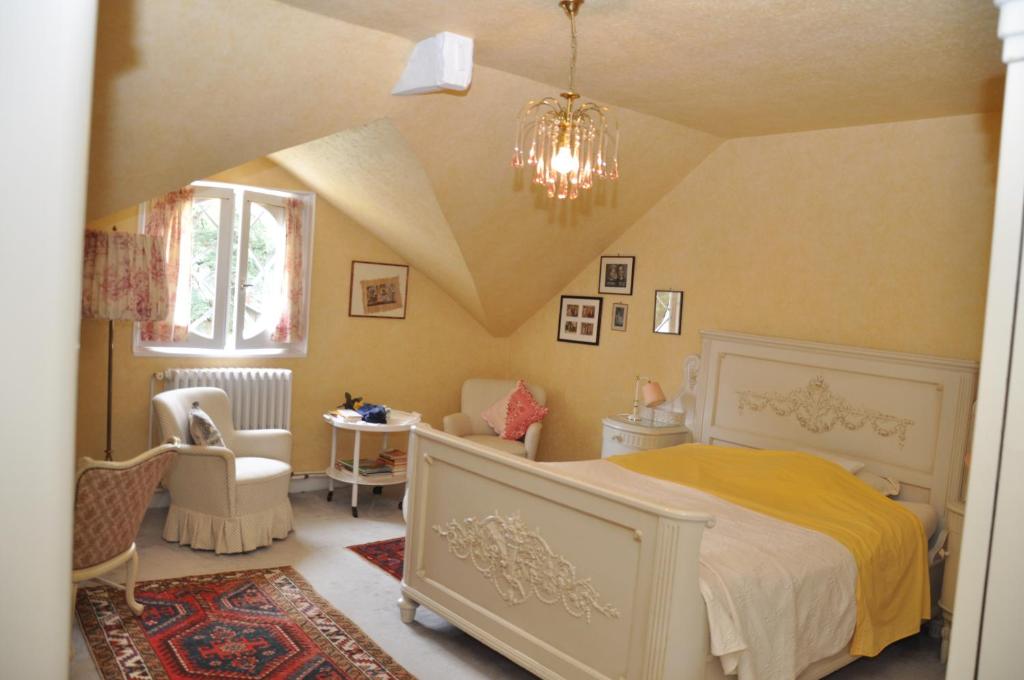 una camera da letto con un letto e un lampadario di Château de La Villette ad Ardentes