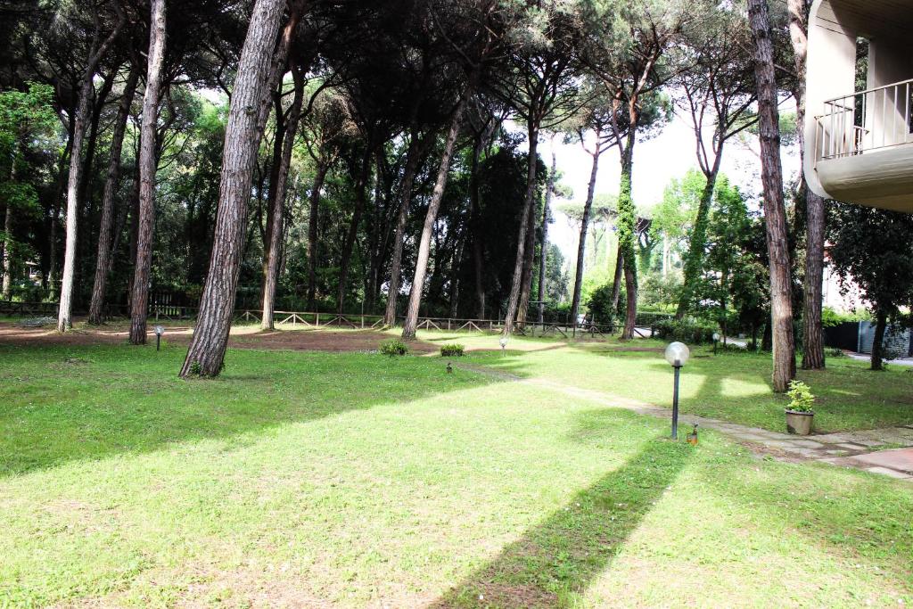 a park with trees and a grassy area with a spotlight at Lagomare Puccini in Torre del Lago Puccini