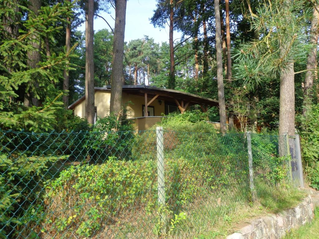 a fence in front of a house in the woods at Ferienhaus Julia in Stechlin