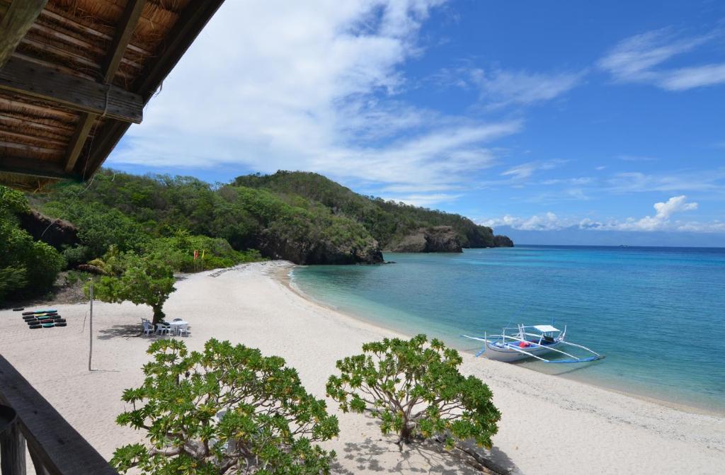 a beach with a boat on the water at Eagle Point Beach and Dive Resort in Mabini