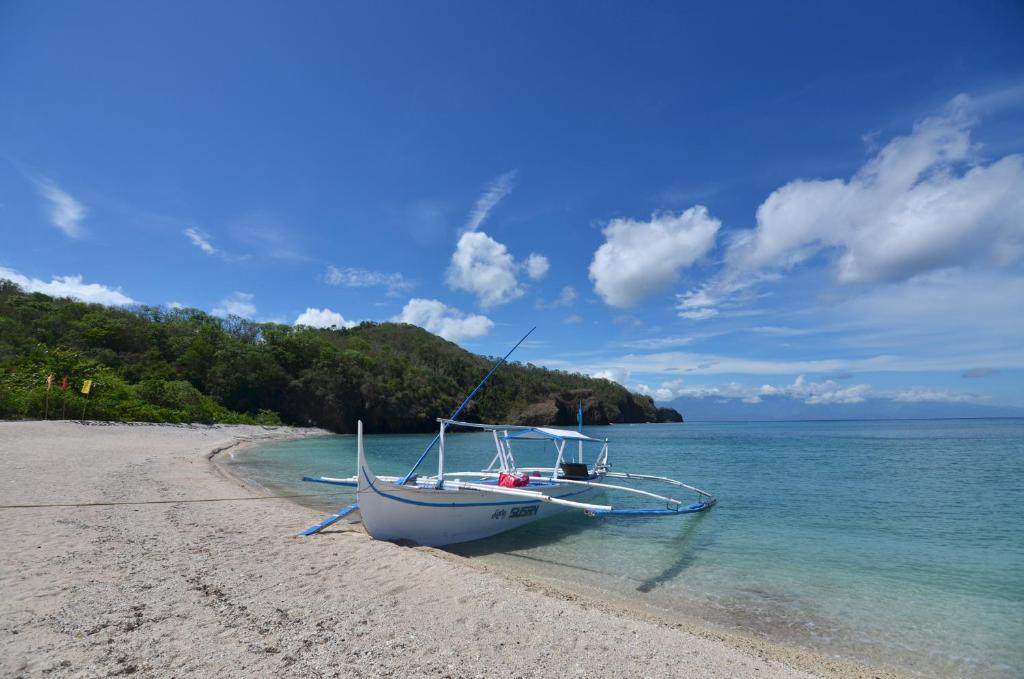 a boat sitting on the shore of a beach at Eagle Point Beach and Dive Resort in Mabini