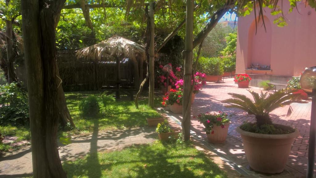 einen Garten mit Topfpflanzen und ein rosafarbenes Gebäude in der Unterkunft Bellaria Relais in Piano di Sorrento