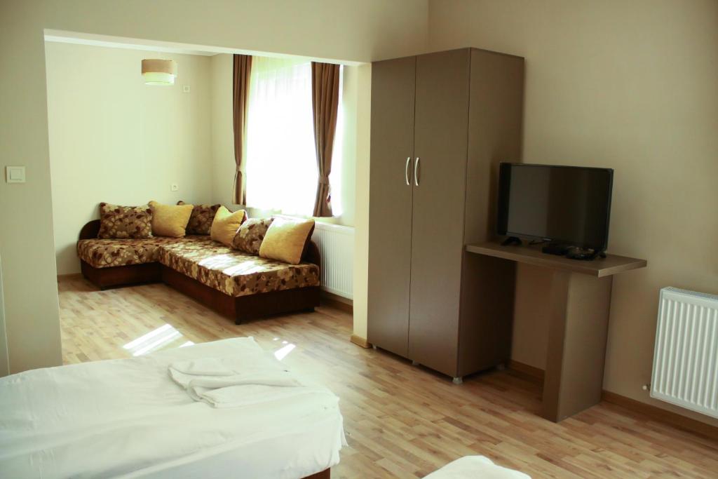 ein Wohnzimmer mit einem Sofa und einem TV in der Unterkunft Guest House Central in Kardschali