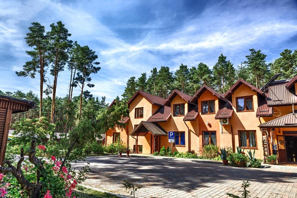 a row of houses with trees in the background at Pensjonat Sosnowe Zacisze in Susiec