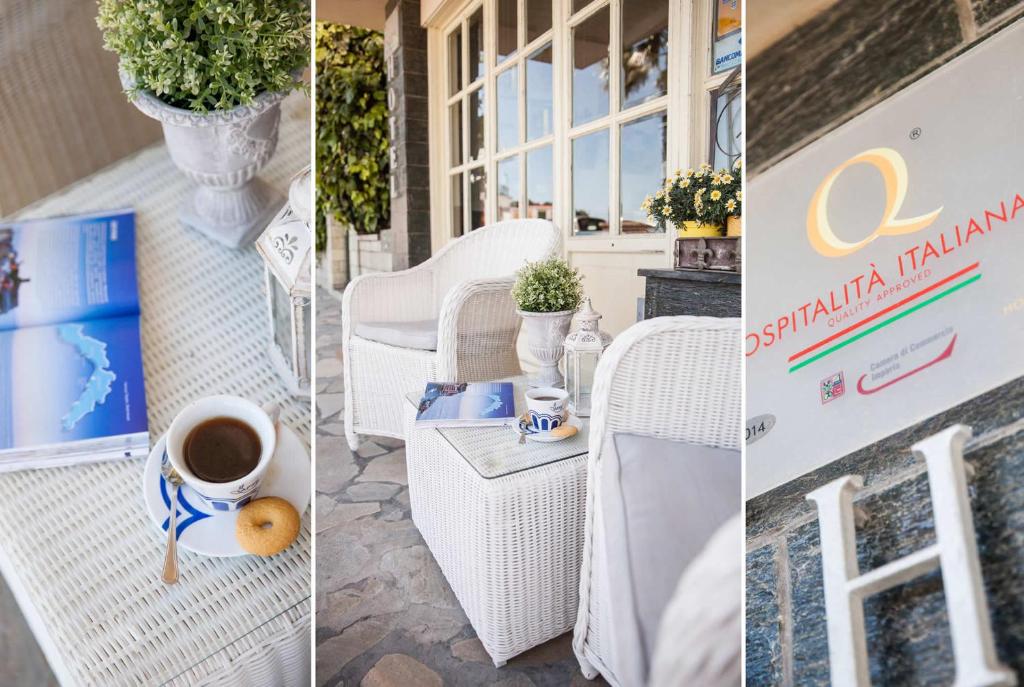 three pictures of a table with a cup of coffee at Hotel Tina in Diano Marina