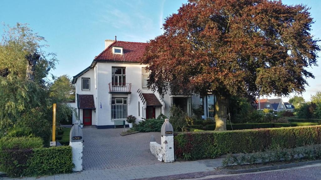 ein weißes Haus mit einem Baum und einer Auffahrt in der Unterkunft Logement Nij Bonga Holwerd in Holwerd