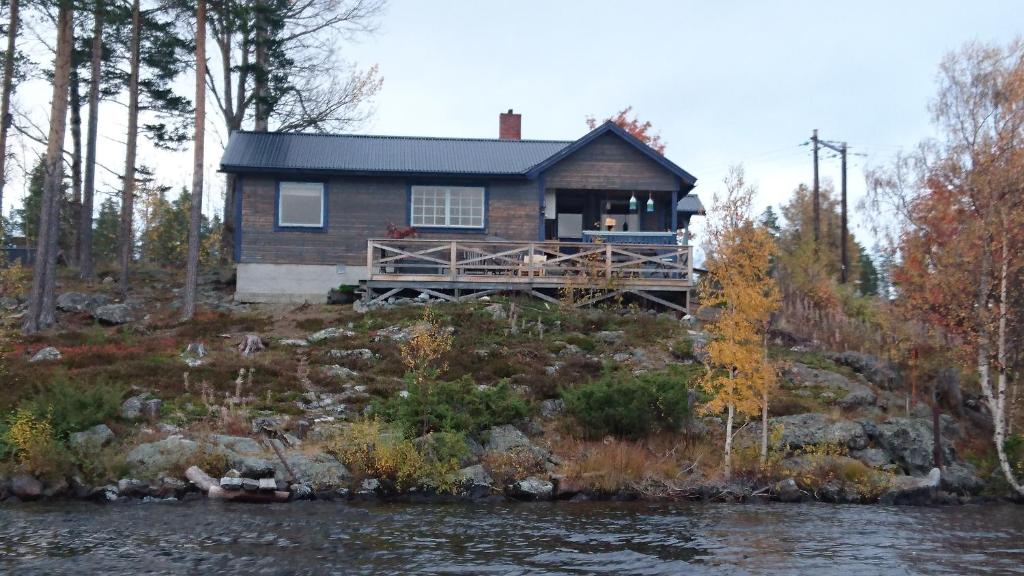 ÅsarneにあるSjönära hus i Jämtlandの水の横の丘の上の家
