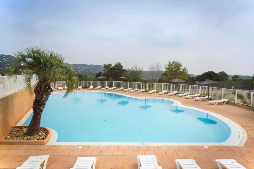 a large swimming pool with chairs and a palm tree at Village Vacances Le Parc Des Chênes (by Popinns) in La Croix-Valmer