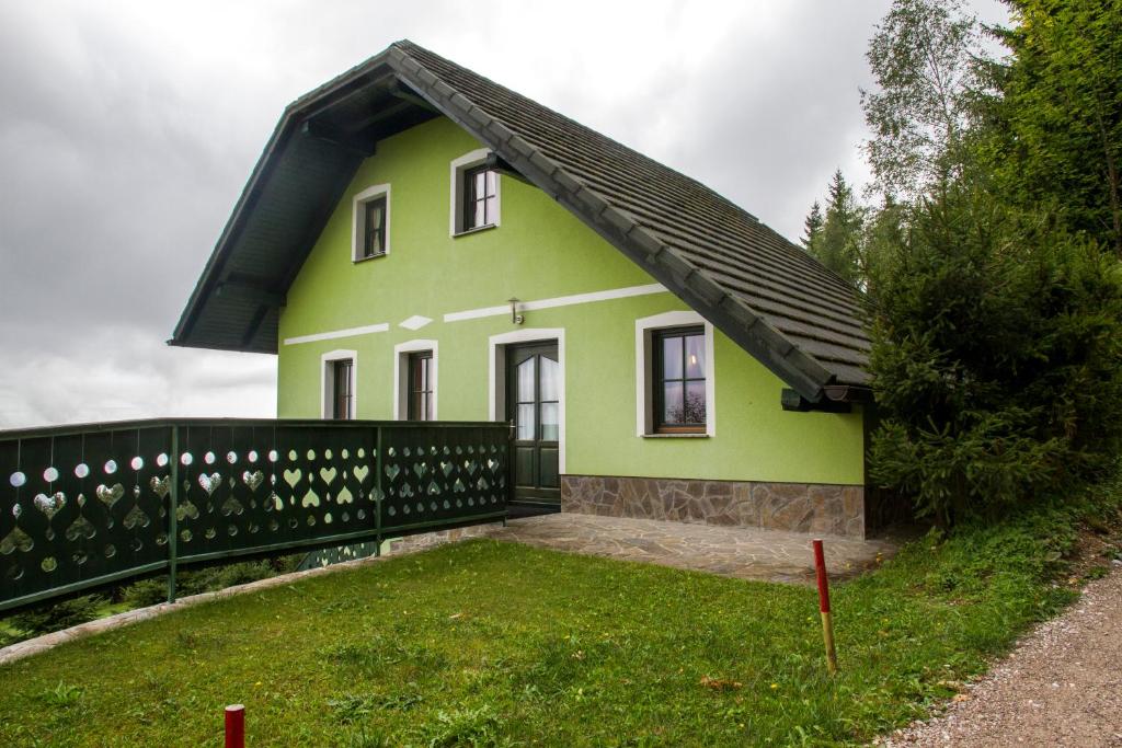 Apartment Sara في Vitanje: منزل أخضر بسقف أسود