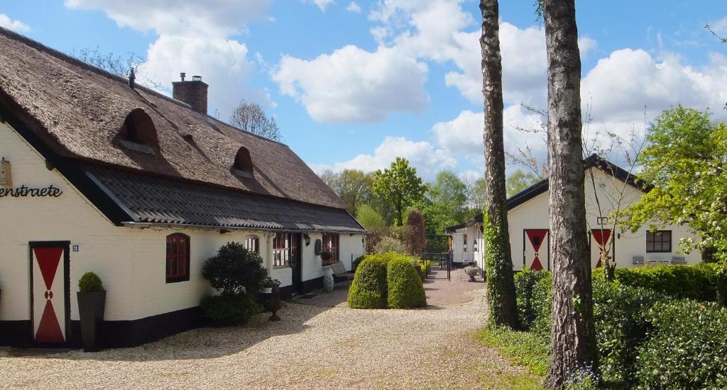 eine Gruppe von Gebäuden mit Bäumen und einer Straße in der Unterkunft Gastenverblijf 't Nagtegaeltje in Sint-Oedenrode