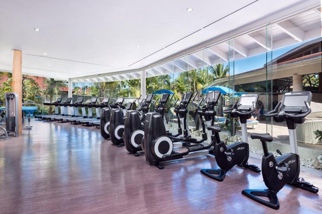 Fitness center with rows of exercise bikes and equipment, glass windows, ocean view.