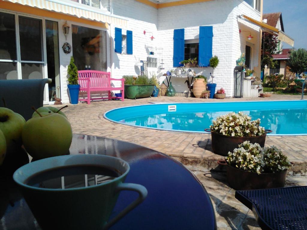 a patio with a table and a swimming pool at Vintage Luxurious house in Sombor