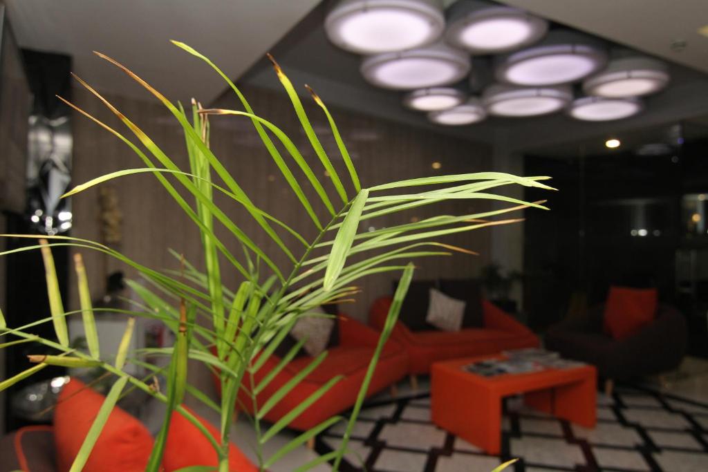 a plant in a living room with a red couch at Eloisa Royal Suites in Mactan