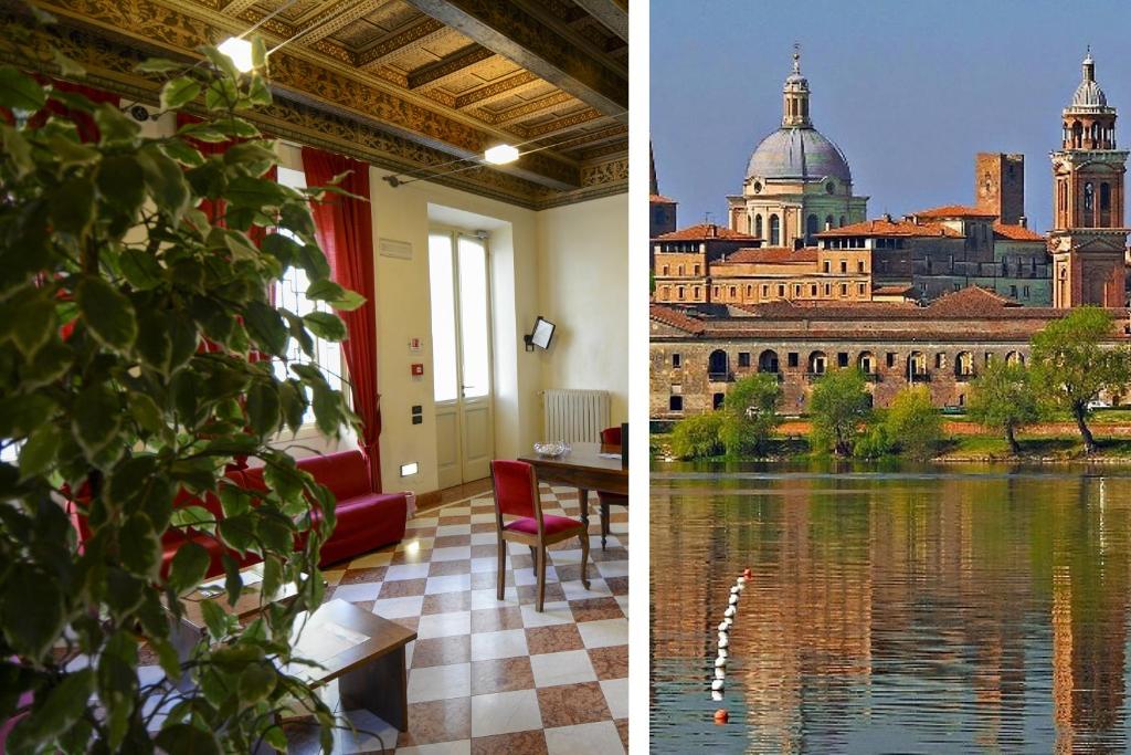a room with a view of a building and water at Hotel Antica Dimora in Mantova