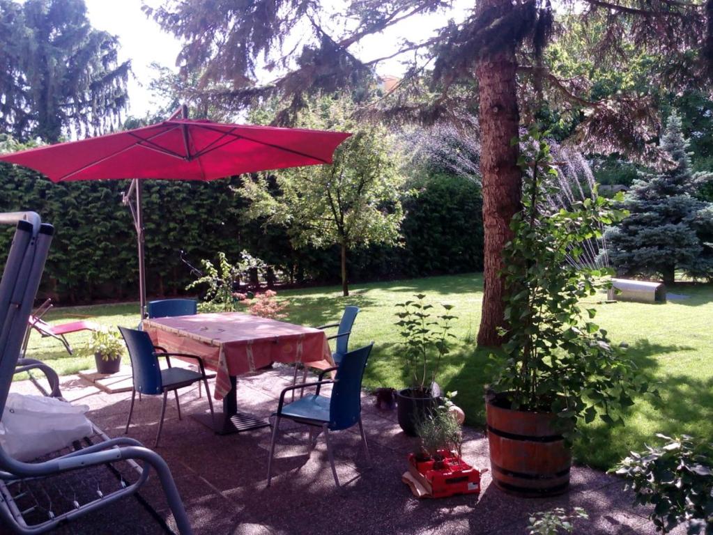 a table and chairs with an umbrella in a yard at Garden Apartment Donau-City (P&R) in Vienna