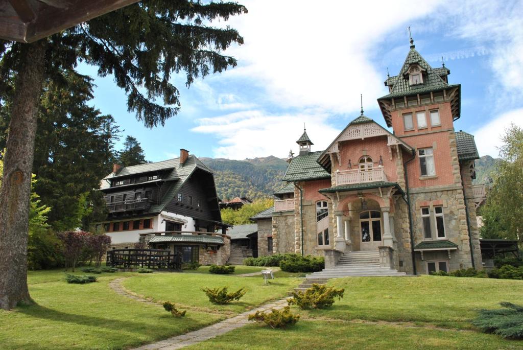 an old house with a tower on a green lawn at Vilele Lucia Luxury Mens Sana in Sinaia