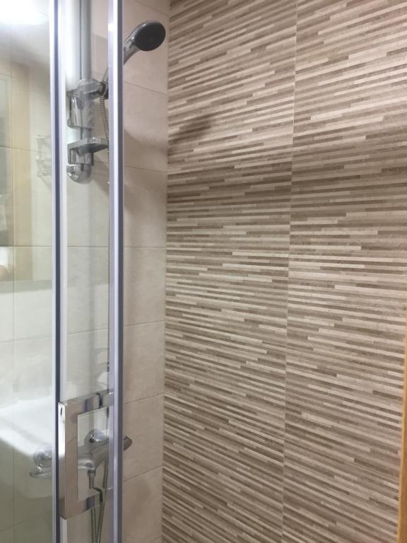 a shower with a glass door in a bathroom at Alojamiento Jaén in Madrid